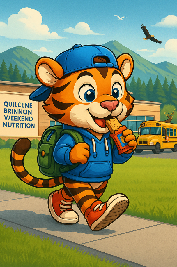 Friendly tiger mascot with backpack enjoying a snack