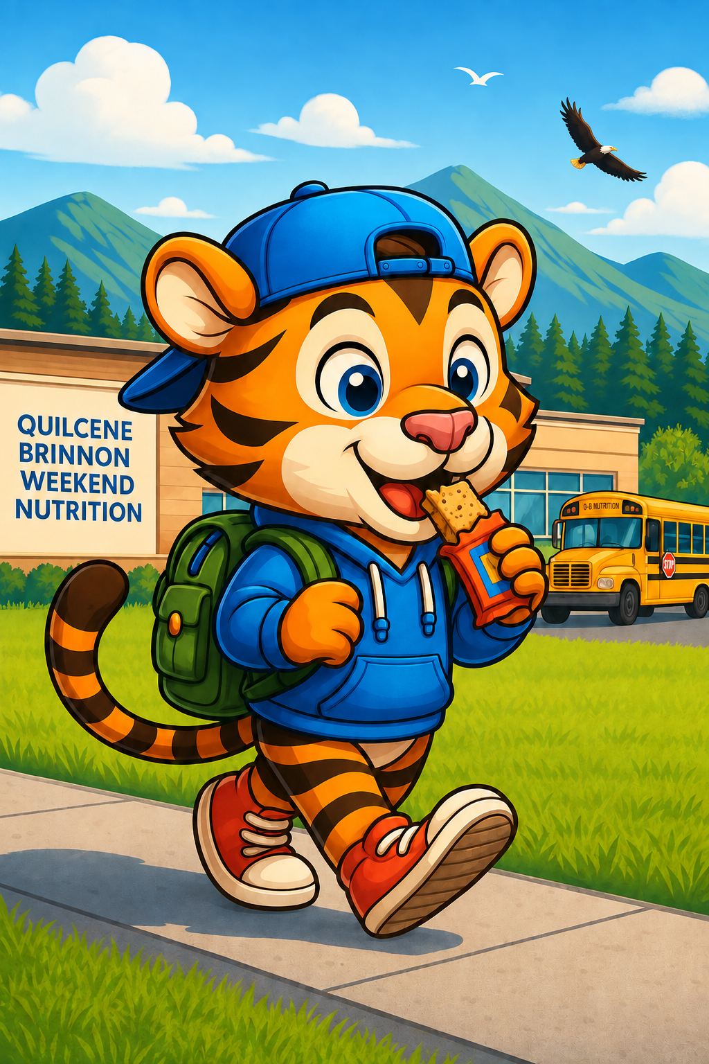 A cheerful tiger with a backpack enjoys a snack outside a school, surrounded by evergreen trees and mountains.